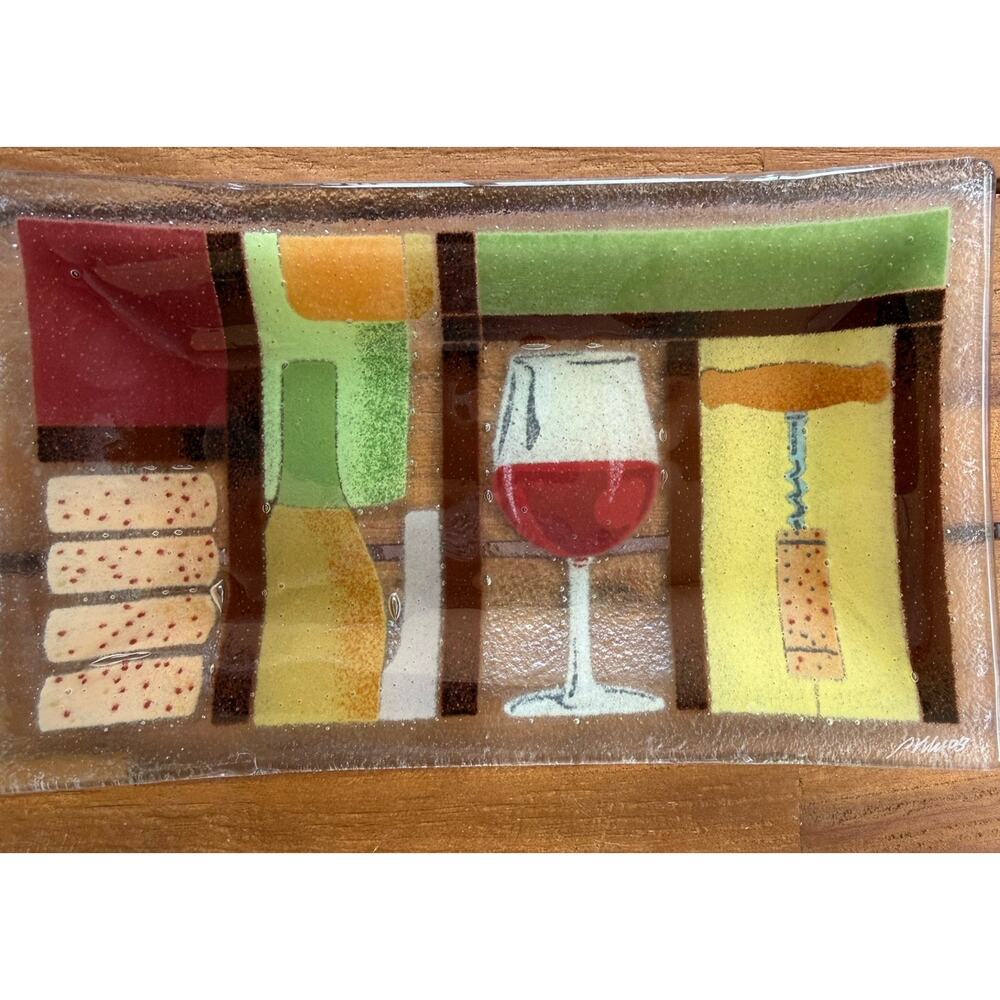 Signed Peggy Karr Fused Glass Wine Theme Serving Tray Platter Cabernet 9.5x8”